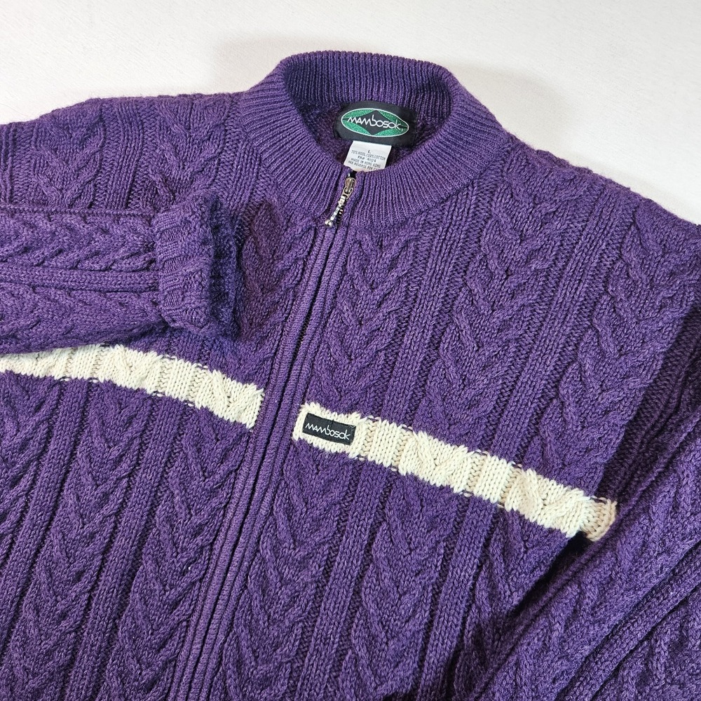 Vintage Mambosok Purple Cable Knit Full Zip‎ Sweater Womens L Wool Cotton Blend